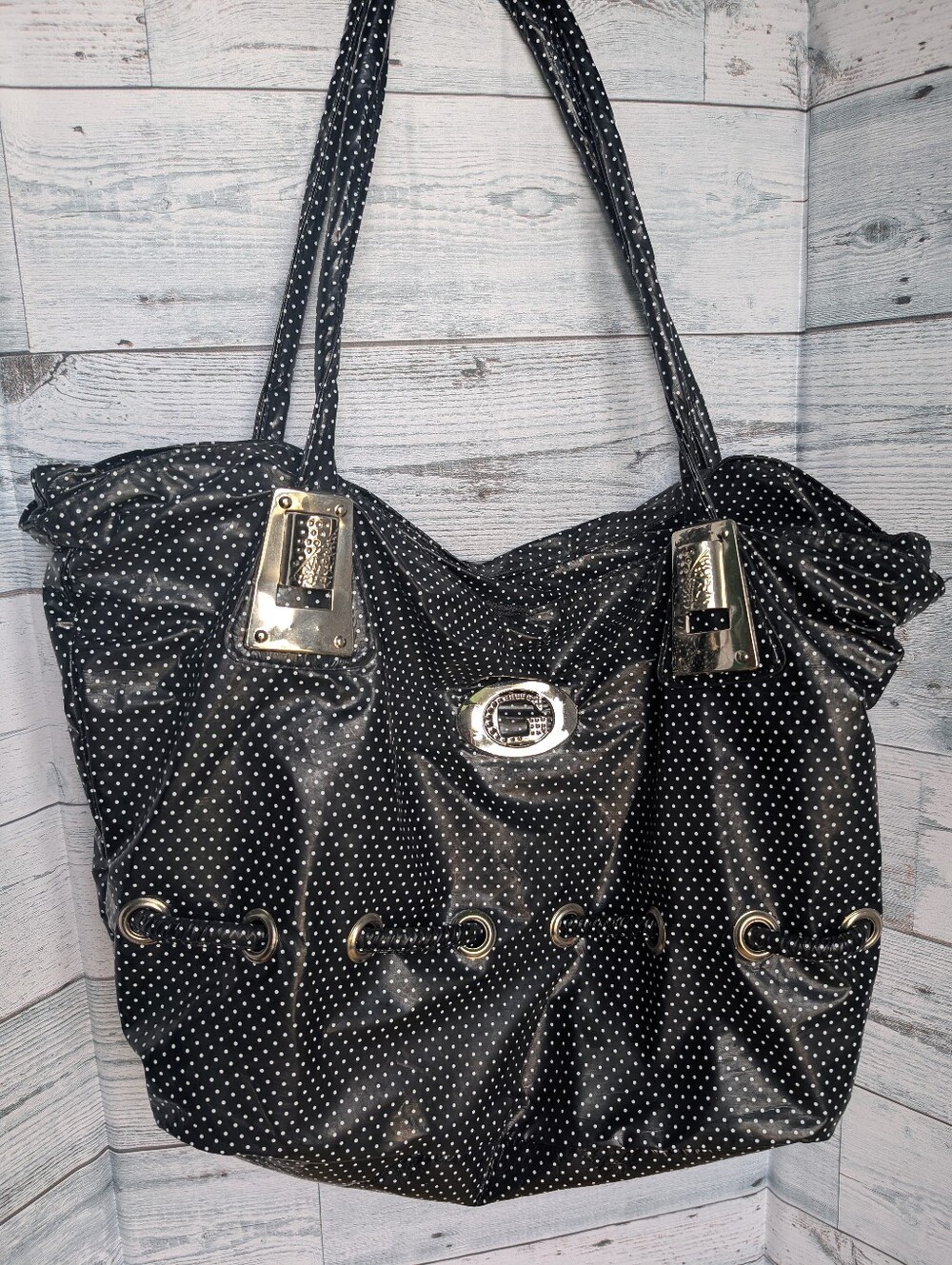 Vintage Y2K GUESS Black & White Polka Dot Vinyl Maxi Tote Bag - Indie Sleaze